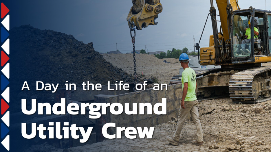 Underground utility crew member standing beside an excavator on a construction site, with piles of excavated soil in the background and text reading “A Day in the Life of an Underground Utility Crew.”